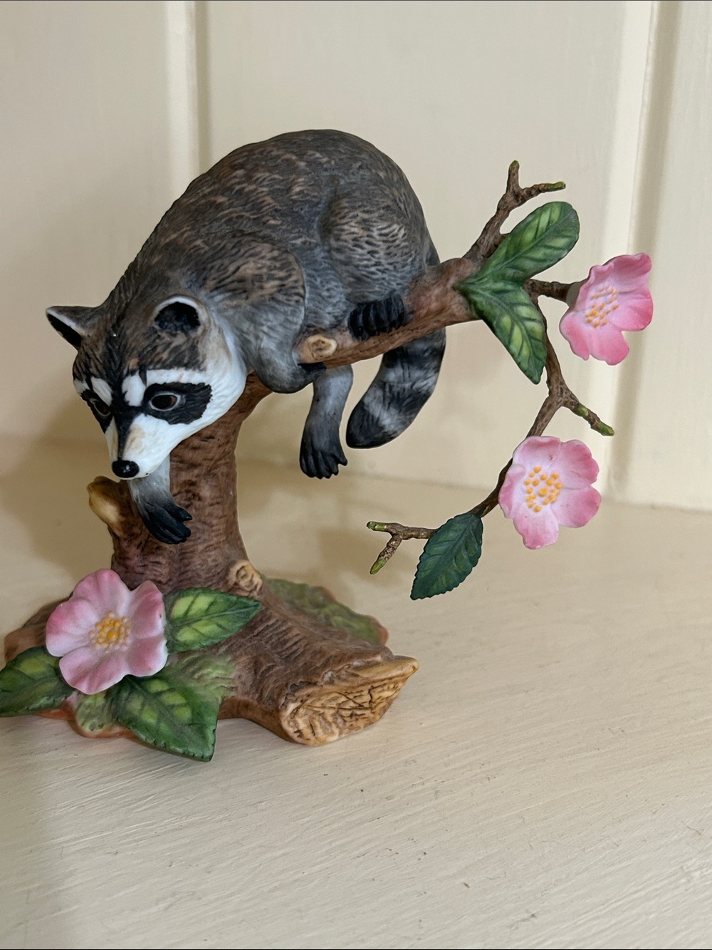 Lenox Vintage Twilight Mischief Gray Raccoon on Tree Branch with Pink Flowers